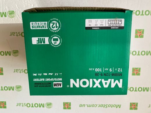 Аккумулятор 12N9-3B MAXION AGM 12V, 9Ah, EN 100A, 135x75x139 мм +/-