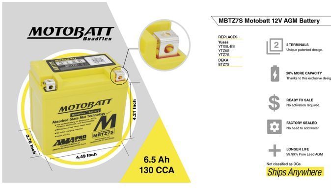 Мото аккумулятор Motobatt MBTZ7S AGM 6,5 Аh, 130 А, (-/+), 114x70x107 мм (YTZ7S)