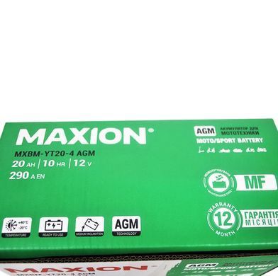 Maxion MXBM-YT20-4 AGM 12V, 20 A/ч, 290 A, (+/-), 175x87x155 мм (YTX20-BS, YTX20H-BS)