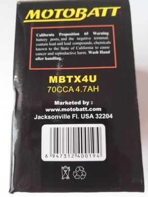 Motobatt MBTX4U Мото акумулятор 4 A/ч, 70 А, (-/+), 114x70x87 мм