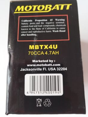 Motobatt MBTX4U Акумулятор 4 A/ч, 70 А, (-/+), 114x70x87 мм
