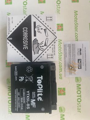 Мотоакумулятор TOPLITE YTX5L-BS 12V 4Ah,д. 114, ш. 71, в. 106, электролит в к-те, вес 3,5 кг