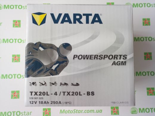 VARTA YTX20L-BS / YTX20L-4 AGM Мото аккумулятор 18 А/ч, 250 А, (-/+), 177х88х156 мм