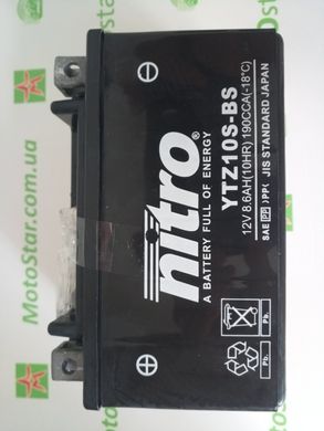 Мото аккумулятор Nitro NTZ10S-BS AGM 8,6 А/ч, 190 А, (+/-), 150x87x93 мм (YTZ10S)