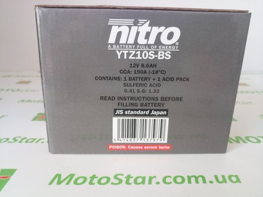 Мото аккумулятор Nitro NTZ10S-BS AGM 8,6 А/ч, 190 А, (+/-), 150x87x93 мм (YTZ10S)