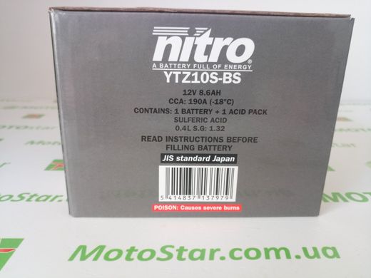 Мото акумулятор Nitro NTZ10S-BS AGM 8,6 А/ч, 190 А, (+/-), 150x87x93 мм (YTZ10S)