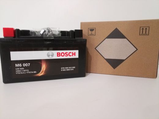 Мото аккумулятор YTX7A-BS, BOSCH 0092M60070 Аккумулятор сухозаряженный AGM 6Ah 105А 150x87x94мм