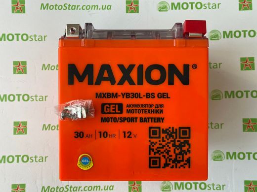Аккумулятор для мототехники гелевый MAXION MXBM-YB30L-BS (GEL) YTX30L-BS, 12V, 30Ah,166x126x176 мм, -/+