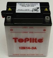 Мотоакумулятор TOPLITE 12N14-3A 12V,14Ah,д. 135, ш. 90, в.167, объем 0,85, вес 4,9 кг,без электролита