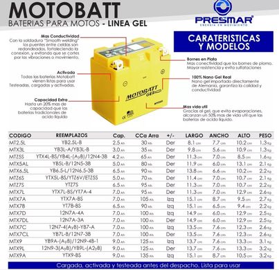 Гелевий акумулятор Motobatt MTX7DL GEL, 7Аh, 110 A, (-/+), 149x60x129 мм, вага 2,44кг (12N7B-3A)