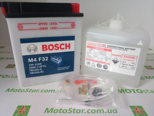 Мото аккумулятор YB12AL-A2, BOSCH 0092M4F320, стартерный, M4 Fresh Pack, 12V 12AH 160A