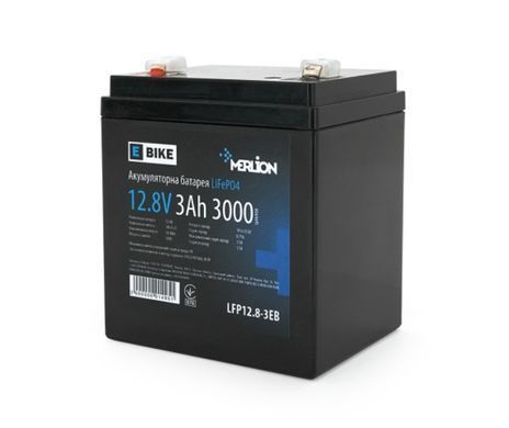 Літій-залізо-фосфатний акумулятор Merlion LiFePO4 12.8V 3AH (4S1P/BMS-5A), (90х70х101(107)) мм, для електротранспорту, 3000 циклів