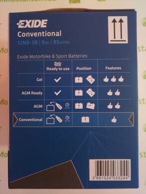 EXIDE 12N9-3B Аккумулятор 9 А/ч, 85 А, (-/+), 135х75х139 мм