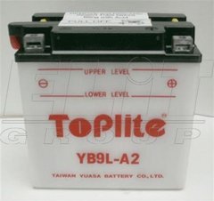 Мотоакумулятор TOPLITE YB9L-A2 12V,9Ah,д. 135, ш. 75, в.140, объем 0,6, вес 3,1 кг,без электролита