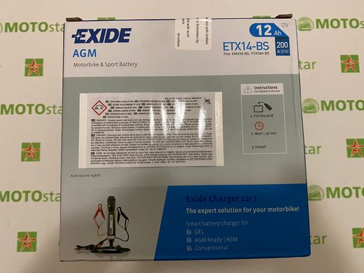 EXIDE ETX14-BS / YTX14-BS Мото аккумулятор 12 А/ч, 200 А, (+/-), 150х87х147 мм