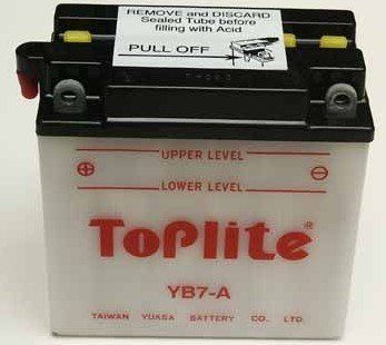 Мотоакумулятор TOPLITE YB7-A 12V, 8Ah, д. 137, ш. 76, в.134, обсяг 0,5, вага 3 кг, без електроліту