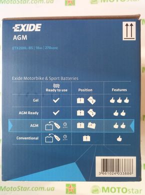 EXIDE YTX20HL-BS Акумулятор 18 А/ч, 270 А, 175х87х155 мм