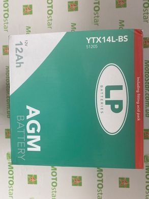 Мотоакумулятор LP AGM MB YTX14L-BS 12V, 12Ah, д. 150, ш. 87, в.146, електроліт в к-ті, вага 3,6 кг