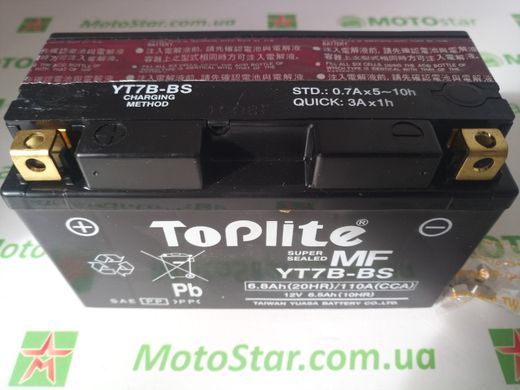Мотоакумулятор TOPLITE YT7B-BS 12V,6,5Ah,д. 150, ш. 65, в.94, электролит в к-те, вес 2,7 кг