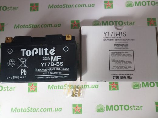 Мотоакумулятор TOPLITE YT7B-BS 12V,6,5Ah,д. 150, ш. 65, в.94, электролит в к-те, вес 2,7 кг