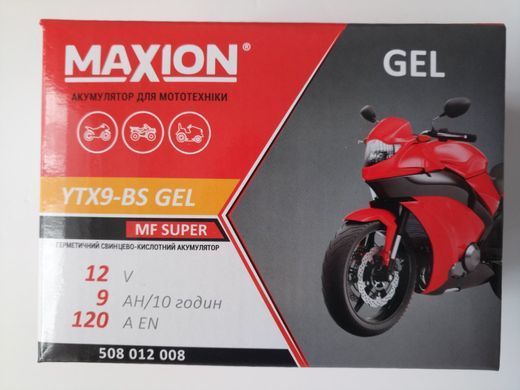 Акумулятор гелевий MAXION MXBM-YTX9-BS GEL (+/-) 12V, 9Ah, 120А EN, 150x87x107 мм, вага 2.94кг