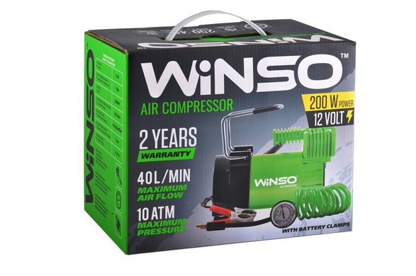 Компрессор автомобильный WINSO 10 Атм, 40 л / мин. 200 Вт., кабель 3 м., шланг 5,7м., Вентиль