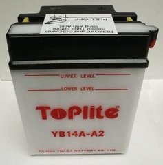 Мотоакумулятор TOPLITE YB14A-A2 12V, 14Ah, д. 136, ш. 91, в.178, обсяг 0,9, вага 4,5 кг, без електроліту