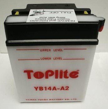 Мотоакумулятор TOPLITE YB14A-A2 12V,14Ah,д. 136, ш. 91, в.178, объем 0,9, вес 4,5 кг,без электролита
