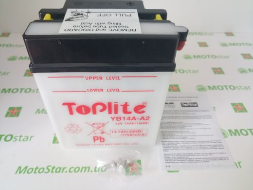 Мотоакумулятор TOPLITE YB14A-A2 12V,14Ah,д. 136, ш. 91, в.178, объем 0,9, вес 4,5 кг,без электролита
