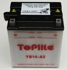 Мотоакумулятор TOPLITE YB14-A2 12V,14Ah,д. 135, ш. 91, в.167, объем 0,85, вес 4,5 кг,без электролита