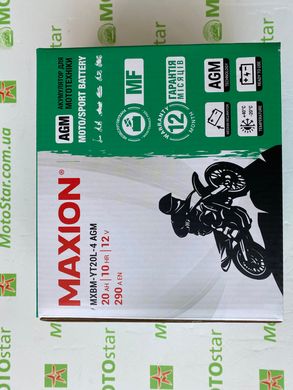 Акумулятор для мототехніки Maxion MXBM-YT20L-4 AGM 12V, 20 A/ч, 290 A, (-/+), 175x87x155 мм (YTX20L-BS)