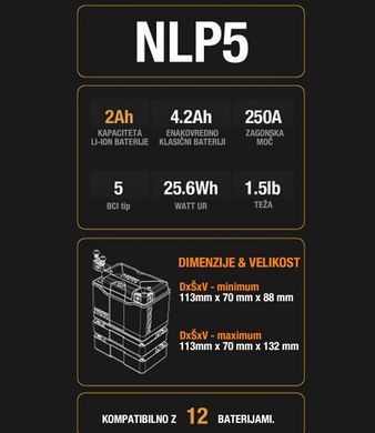 Акумулятор літієвий NOCO NLP5 12В, 2Агод. 250А R+, Powersports 113x70x85мм