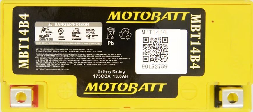 Motobatt MBT14B4 Мото акумулятор 13 А/ч, 175 А, (+/-), 150x70x145 мм